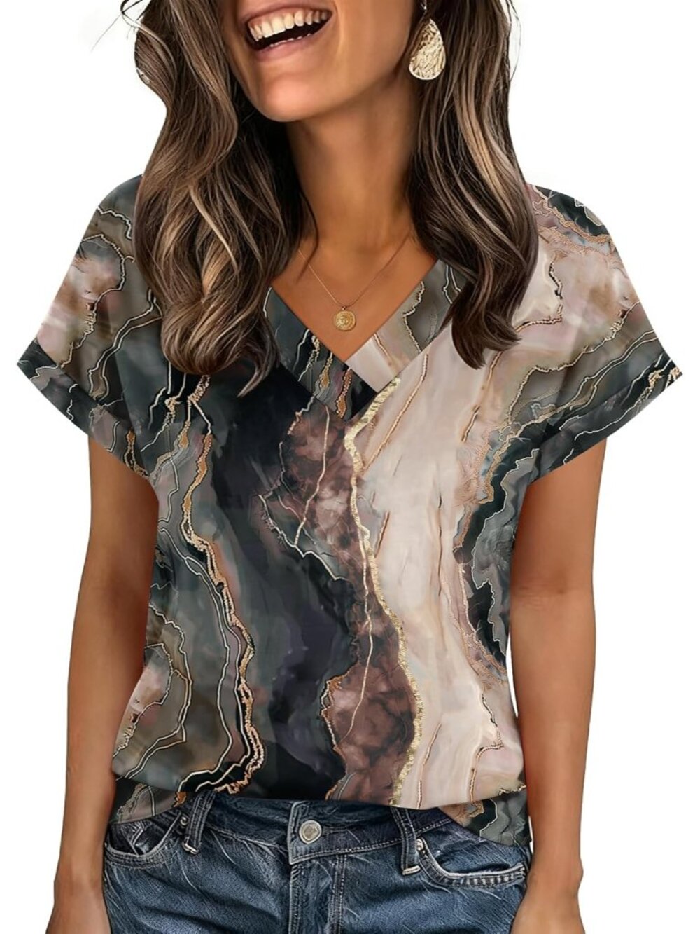 Women's Multicolor Short Sleeve V Neck Basic Tees Shirts Casual Tops Blouses